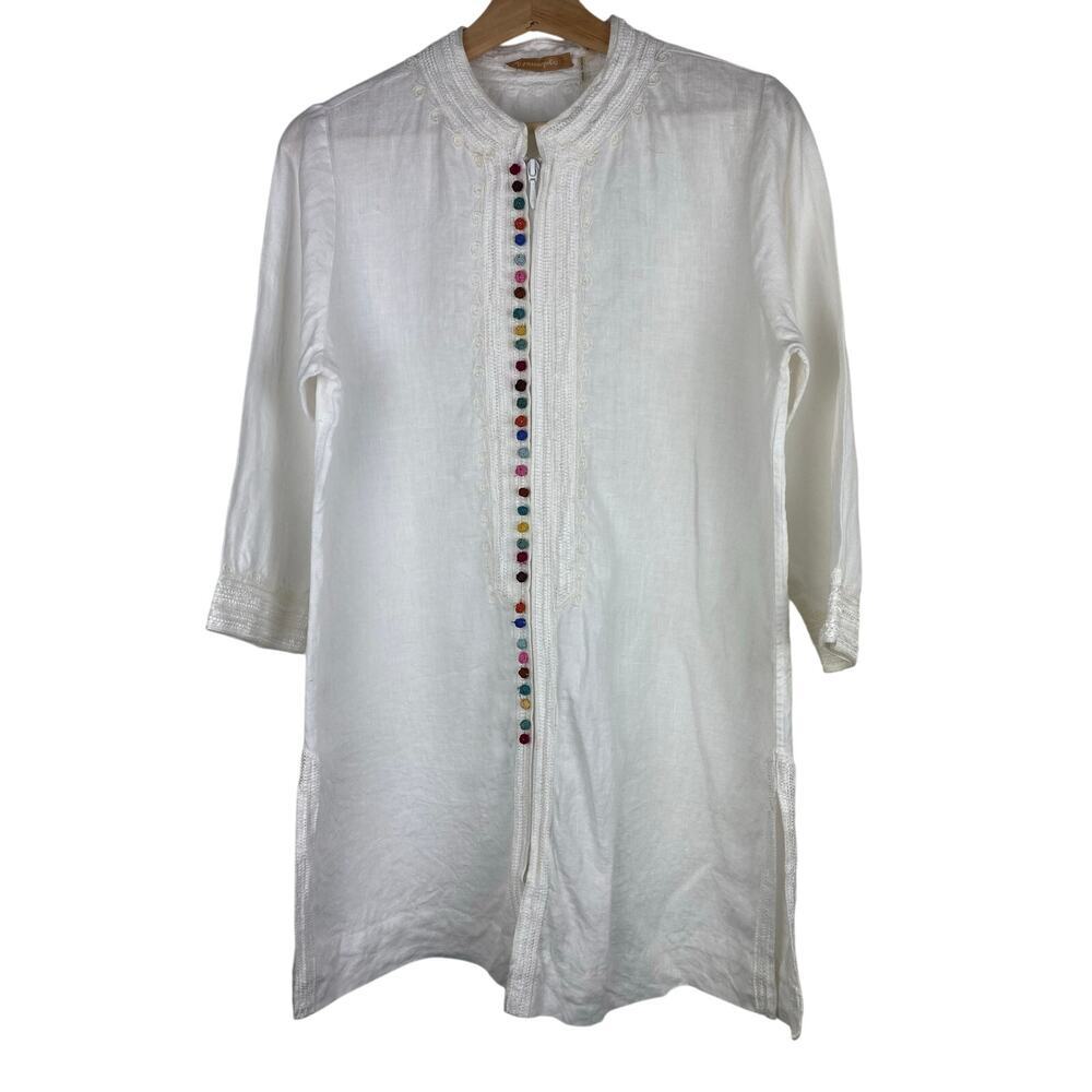 Soft Surroundings Women's Size S White Full‎ Zip Embroidered Pom Boho Duster *